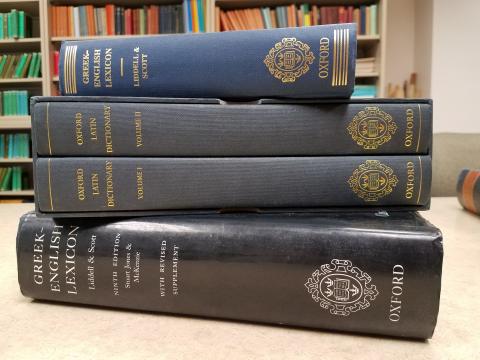 Dictionaries in the University of Iowa Classics Seminar Room, picture by Lindsay Vella and used by permission.