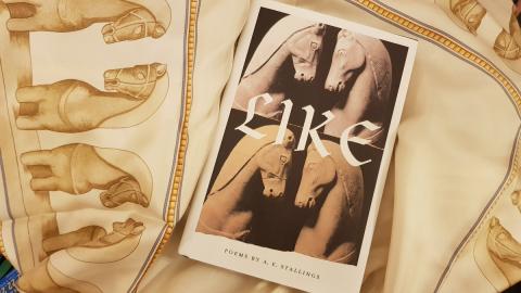 Image of A.E. Stalling’s new book of poetry, Like, and a scarf with its cover printed on it (Image used by permission and taken by John Psaropoulos).
