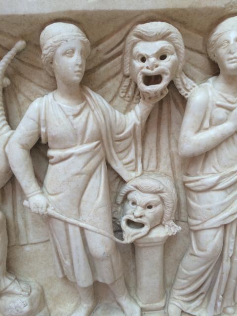 Detail of Thalia from the Sarcophagus of the Muses, late 2nd century CE, Thassian marble, Archaeological Museum of Ostia. Photo taken by Krishni Burns, unpublished.