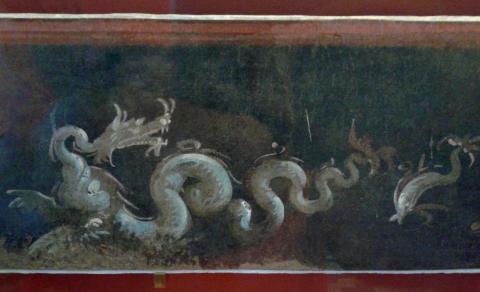 Header Image: Detail of a fresco from the Temple of Isis, representing a sea dragon and a dolphin, 1st century AD (Fourth Style), Museu Nacional, Brazil (Image via Wikimedia under a CC-BY-SA 4.0).