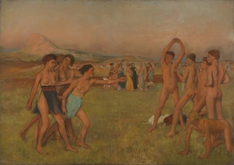 A painting of shirtless women wearing loin cloths in a field facing a group of nude young men