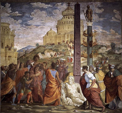 A painting of Rome featuring a crowd of men fighting on a hill. Behind them is an obelisk, a column, and a toppled white marble statue of a nude man. 