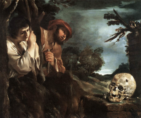 Two men, one in a white shirt and one in a brown shirt and brown cap, peer out from behind the trees at a human skull on the ground. The sky behind them is dark with clouds.