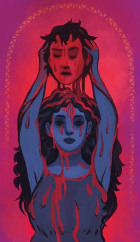 A woman in a toga with long hair holds a severed head above her own with both hands. Blood drips down onto her face and body.