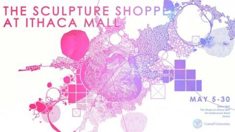 A pink and purple graphic poster for the Sculpture Shoppe at Ithaca Mall. It has square shapes mixed with liquid bubbles.