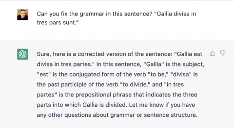  A screenshot of a Latin grammar question and answer in ChatGPT