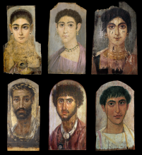 Six of the Fayum mummy portraits, contemporary portraits of people in Roman Egypt. They have dark hair and different colored eyes and skin. All look straight ahead.