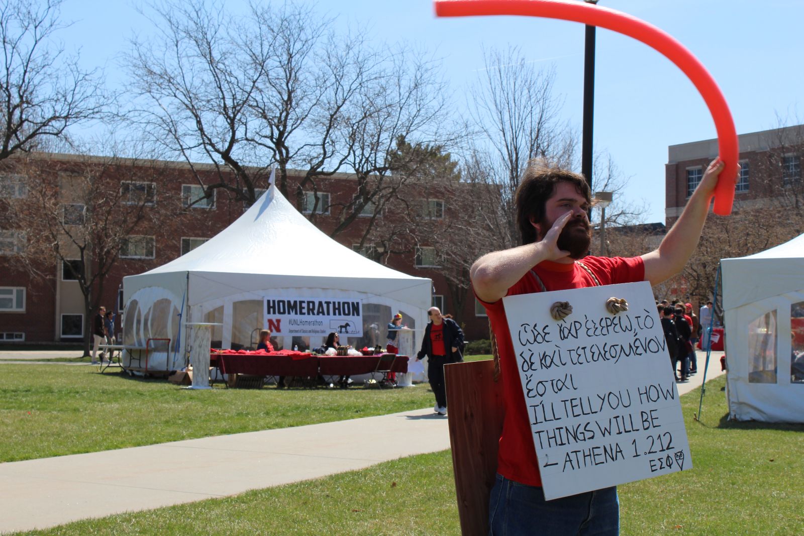 UNL Classical Languages major Dylan Severino (’18) calls for readers. Photo by Ellie Churchill and used by permission.