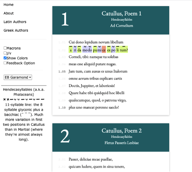 A screencap from Hypotactic.com showing the text of Catullus, Poem 1. The words in the second line are highlighted in different colors by syllable.