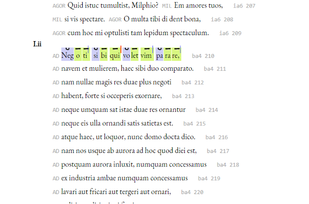 A screencap showing text with annotations. One line is highlighted green and blue by syllable.