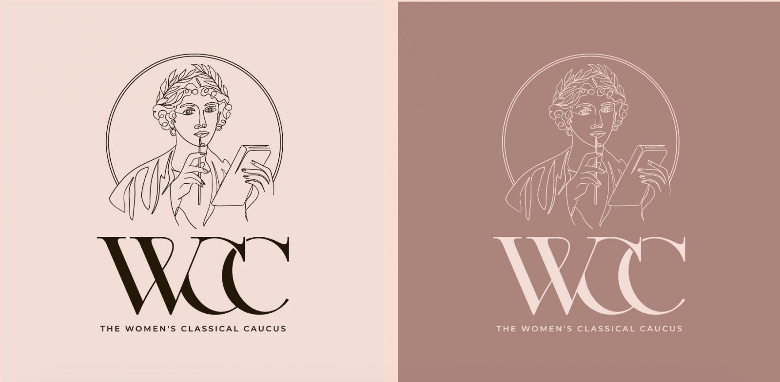 Outline drawing of Sappho holding a stylus and a book. Beneath the drawing reads "WCC: The Women's Classical Caucus."