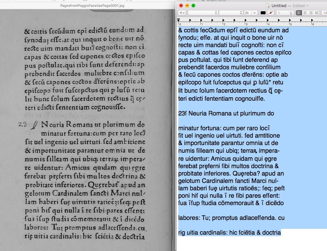 Figure 5: These tools still do fairly well on texts from outside the 1500–1800CE range for which they were developed. LatinOCR processed this 1471 edition of Poggio’s Facetiae (with handwritten headings and initials) with 83% accuracy.