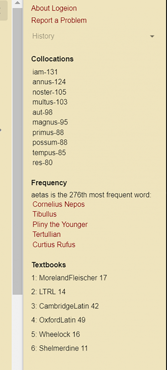 Fig 3: A sidebar in the desktop version shows common collocations (here for aetas), lists authors who use the word most frequently, and gives locations in common textbooks.
